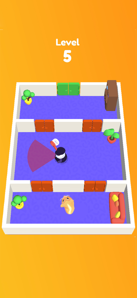 Hamster Dash: Puzzle Maze! - A hamster character navigating a maze room while avoiding a guards vision cone.