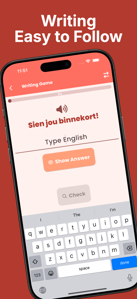 Learn Afrikaans Phrases - Writing game interface in the Learn Afrikaans Phrases app showing an Afrikaans phrase translation task