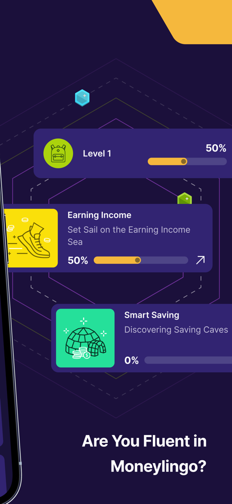 Goalsetter: Invest & Bank - Interface do aplicativo Goalsetter apresentando módulos de aprendizado gamificados para ganhar renda e poupança inteligente