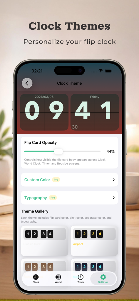 Flipora app interface showing clock theme customization options including flip card opacity and theme gallery