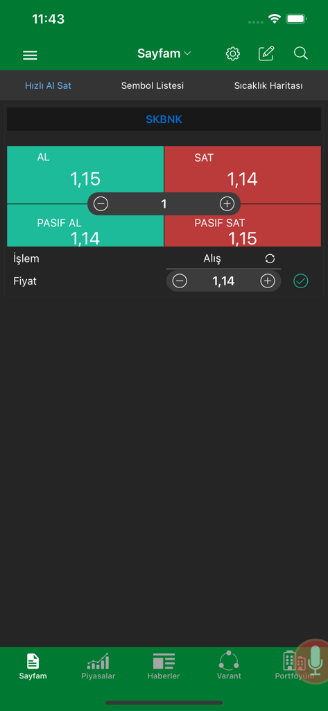 Schnelle Kauf- und Verkaufsmaske der Seker Borsa Mobile App mit Aktienkursen und Orderoptionen