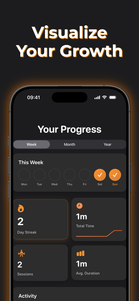 Kegel Men: Pelvic Floor PFM - A dashboard view of the Kegel Men app showing weekly progress streaks and training statistics like total time and sessions