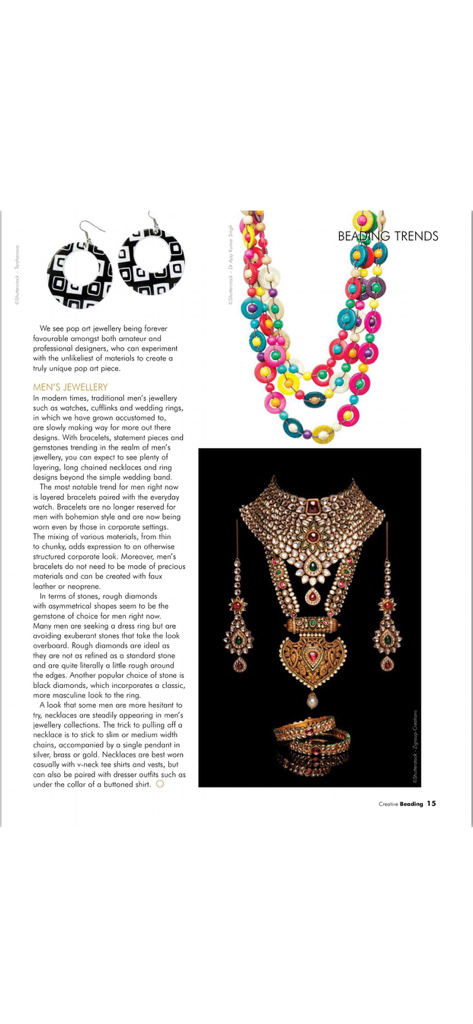 Creative Beading Magazine - A page from Creative Beading Magazine showcasing pop art earrings a colorful beaded necklace and ornate gold jewelry