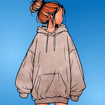 realistic girl with a oversized sweatshirt on and a bun