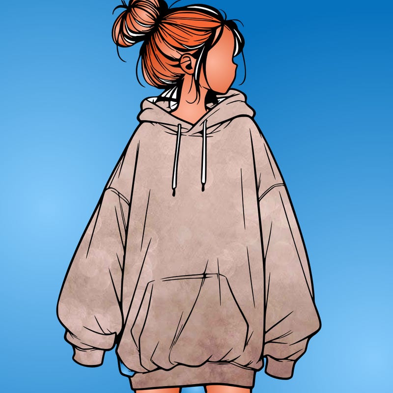 realistic girl with a oversized sweatshirt on and a bun