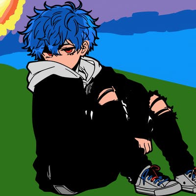 a male hoddie ripped jeans messy hair anime