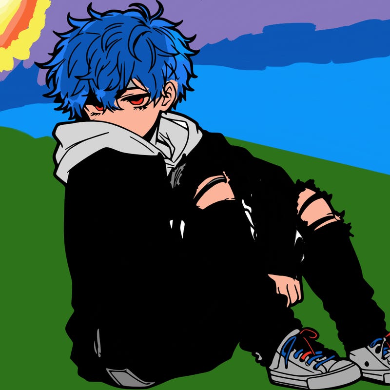 a male hoddie ripped jeans messy hair anime