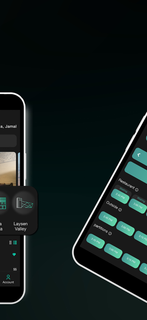 Écrans de l'application mobile Wddk affichant les listes de restaurants et les créneaux de réservation pour différentes zones de sièges