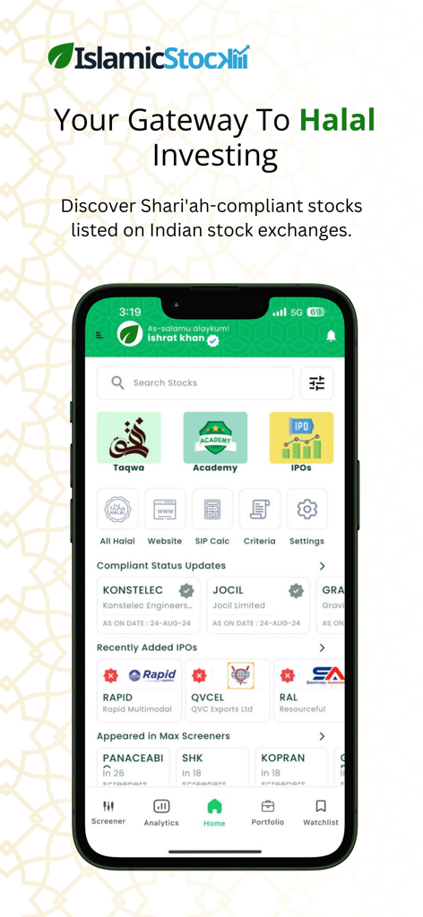 IslamicStock mobile app home screen showing Shariah compliant stock screening and halal investment tools