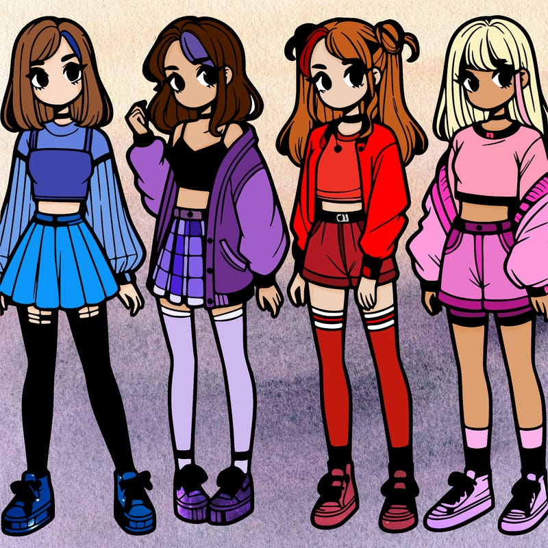 one girl with crop-top shirt and a jacket with a skirt, long socks and another girl with a shirt and pants with a jacket