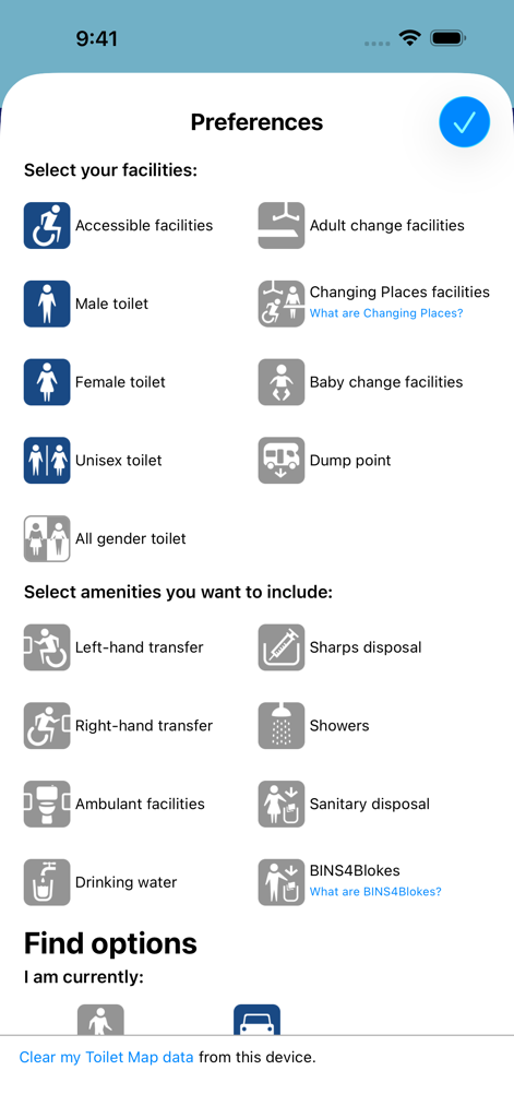 National Public Toilet Map - Preferences screen of the National Public Toilet Map app showing various facility and amenity filters like accessible toilets and baby change rooms
