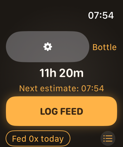 FeedLog — Baby Feed Tracker - FeedLog baby tracker app interface on Apple Watch showing time since last feed and a log feed button