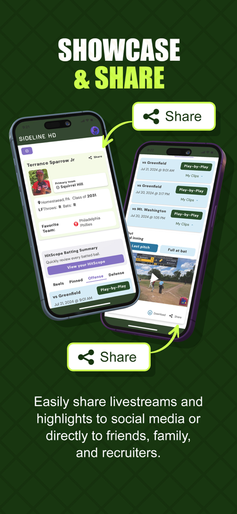 sidelineHD - Interfaccia dell'app sidelineHD che mostra profili di giocatori e funzionalità di condivisione di highlight sportivi