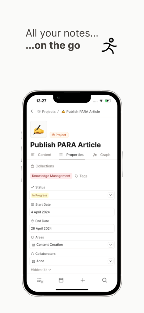 Capacities – Notes & PKM - Capacities mobile App-Oberfläche für Personal Knowledge Management, die Projekteigenschaften und Aufgabenverfolgung anzeigt.