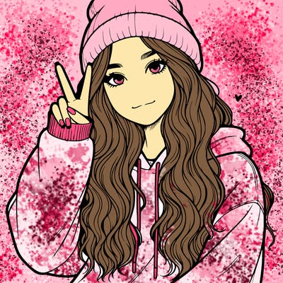 a teenage girl in a beanie, oversized sweatshirt, wavy long hair, and is showing a ✌️