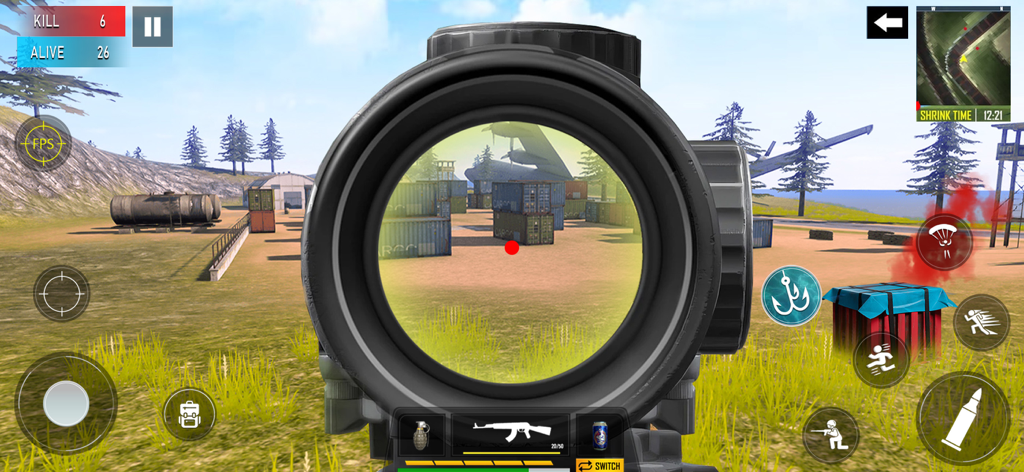 First person sniper scope view aiming at shipping containers in a mobile battle royale game