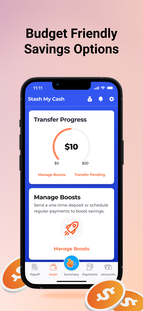 Stash My Cash interface in the Changed app showing savings progress and boost options.