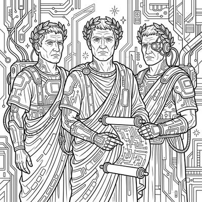 Dive into a unique blend of history and futurism with our Cyberpunk Roman Senators coloring page. Discover ancient authority reimagined with intricate wires, neon-inspired patterns, and robotic enhancements, offering an unparalleled coloring adventure.