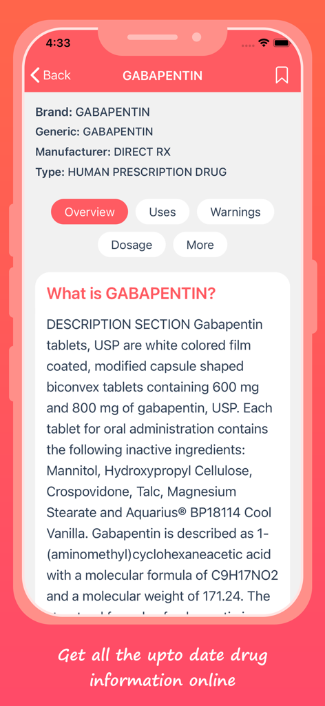 Pill Identification - Pro - Information screen for the drug Gabapentin in the Pill Identification Pro app