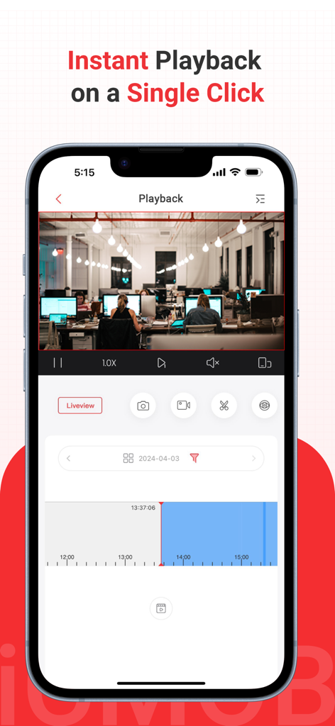iCMOB - iCMOB app interface showing instant video playback of an office with a timeline for security monitoring