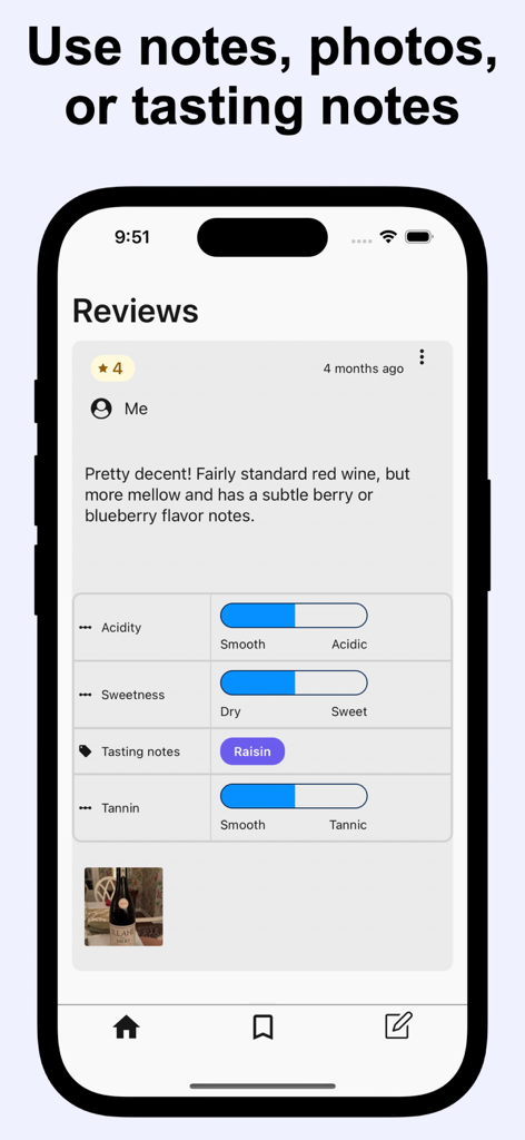Memolli: all your reviews - A wine review on the Memolli app featuring custom tasting sliders for acidity and sweetness with personal notes