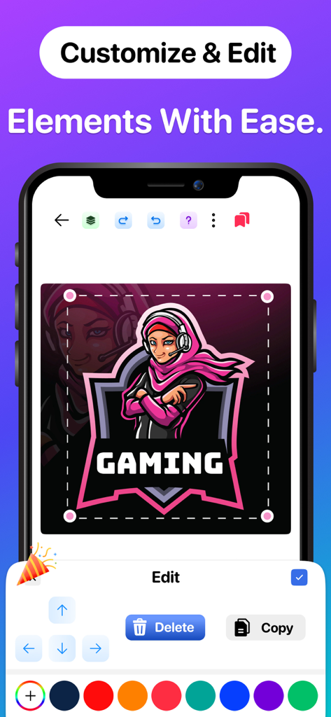 Logo Maker and AI Logo Creator - Interfaz móvil de la aplicación Logo Maker mostrando herramientas de personalización para un logo de mascota de gaming