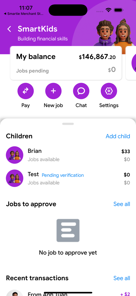Smartie: The smart way to pay - Interface of the SmartKids feature in the Smartie app for managing children financial skills and chores