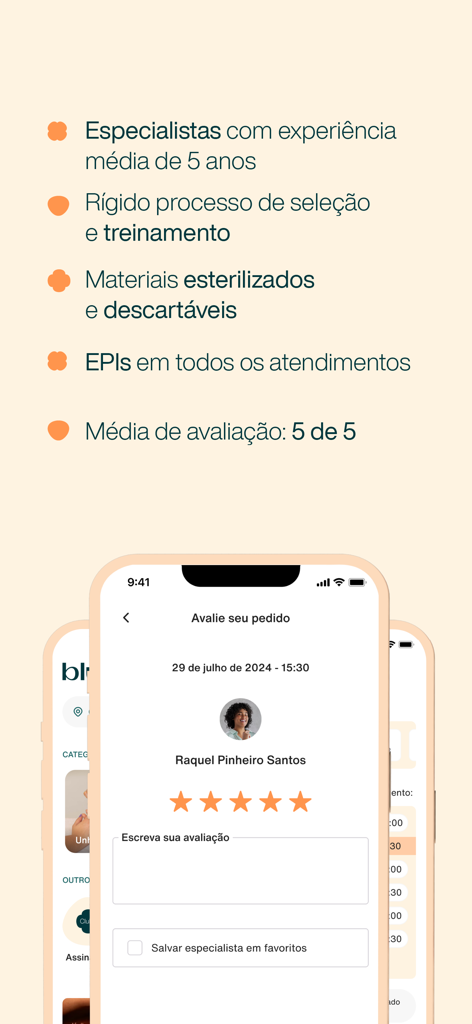 Pantalla de la aplicación Bluma que destaca los estándares de calidad de los servicios de belleza y las valoraciones profesionales de cinco estrellas.