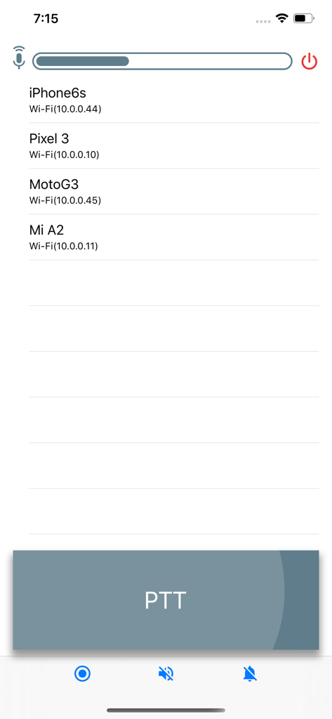 Infinite iNtercom app interface showing a list of connected devices on a local Wi-Fi network with a large PTT push to talk button