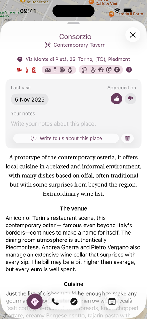 Detailliertes Restaurantprofil im Osterie d Italia Guide, das eine Osteria in Torino zeigt.