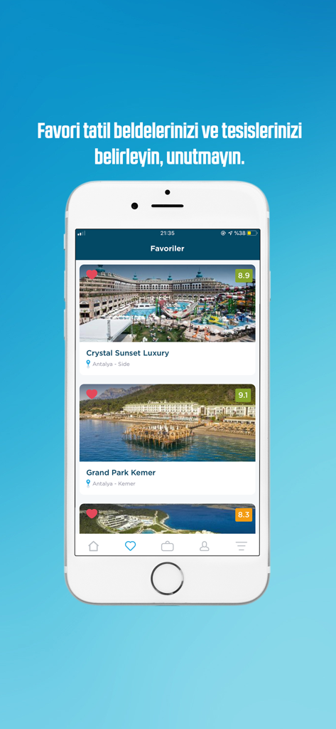 tatilsepeti - Screenshot of the tatilsepeti app favorites screen displaying luxury hotels in Antalya with user ratings.