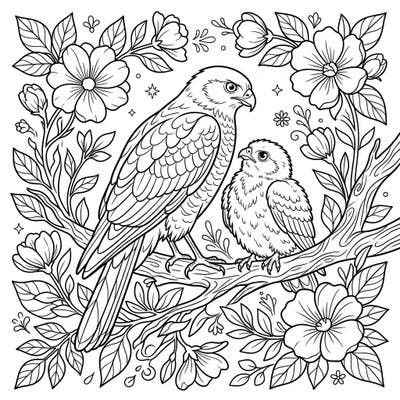 Delight in this heartwarming Mother's Day coloring page featuring a graceful sparrowhawk with its precious chick amidst blooming flowers. It's a perfect blend of nature's beauty and maternal affection, ready for your creative touch.
