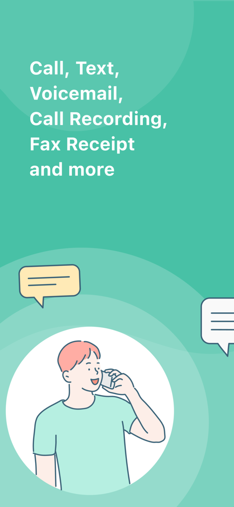 An illustration of a man on a call with text listing Vumber app features like call text and voicemail