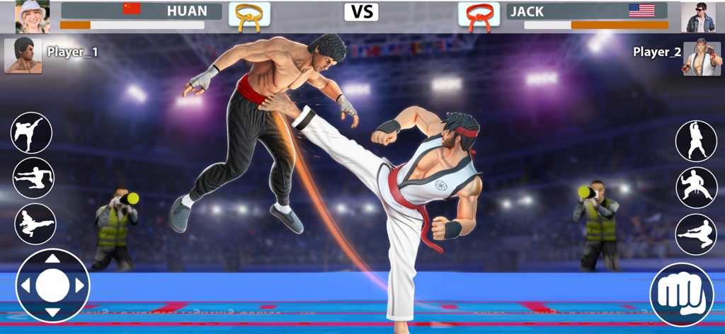 Kung Fu Karate: Fighting Games - Juego de lucha de karate kung fu 3D lleno de acción que presenta a un artista marcial realizando una patada alta en un ring de torneo