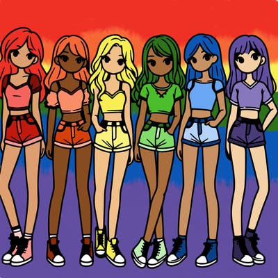 a group of girls wearing crop tops and shorts