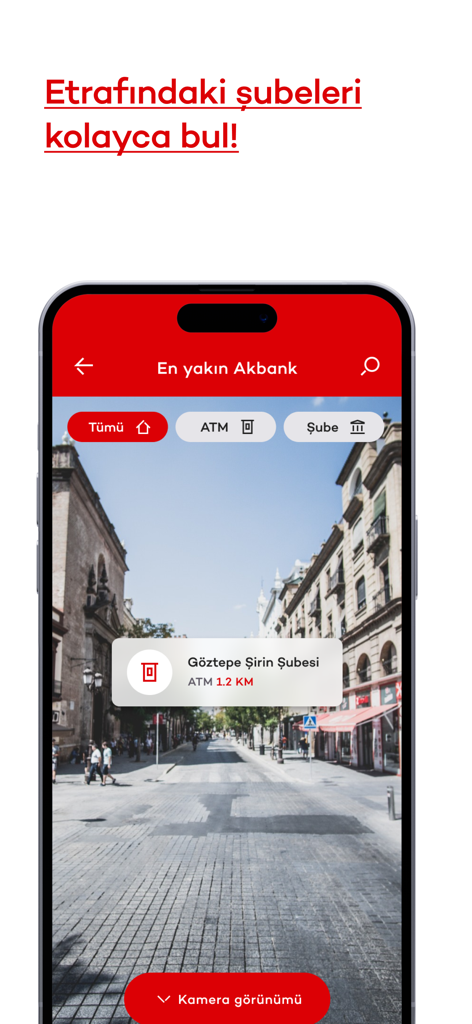 카메라 보기 기능을 사용하여 주변 ATM 및 지점 위치를 보여주는 Akbank 모바일 앱 인터페이스