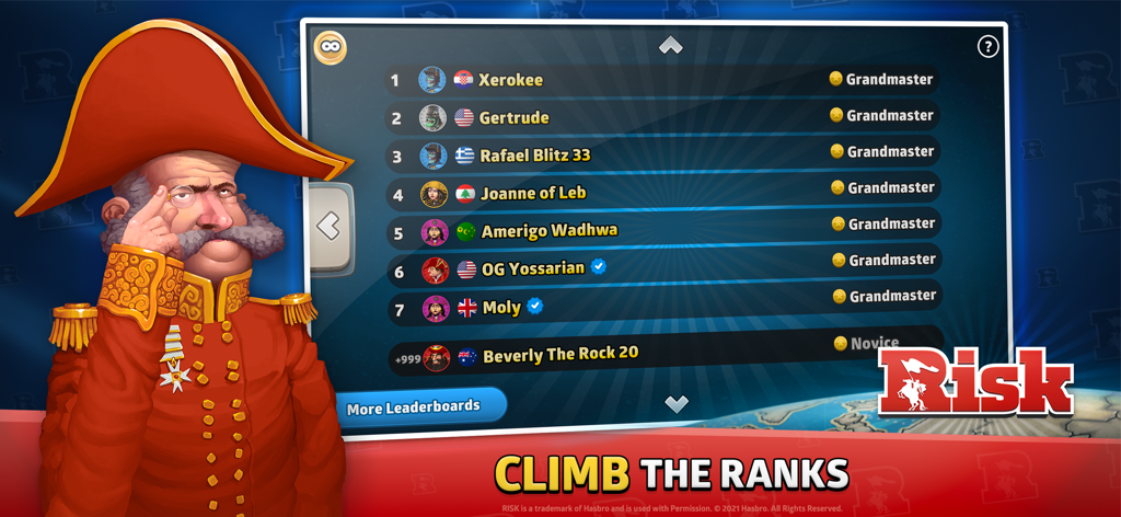 Tabla de clasificación en RISK: Dominación Global que muestra nombres de jugadores con rangos de Gran Maestro y banderas globales.