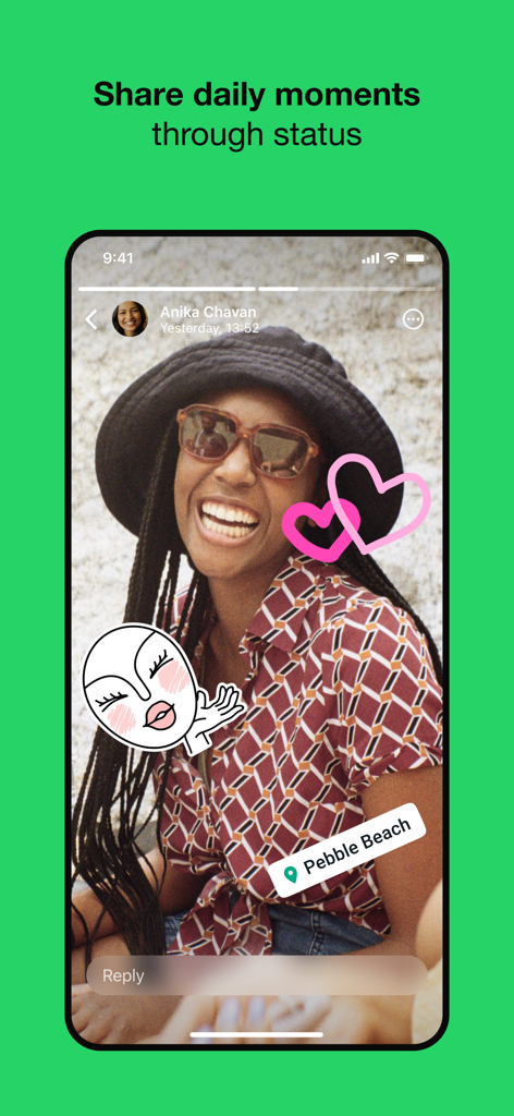 A WhatsApp status update screen showing a photo with stickers and a location tag