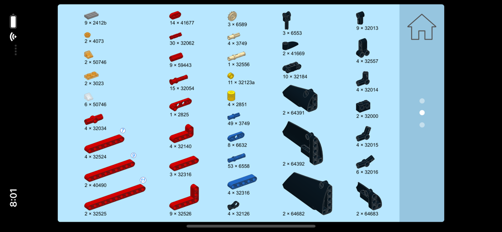 Retro Car for LEGO 9395 Set - Una pantalla de inventario digital que muestra varias piezas de LEGO Technic con cantidades y códigos de pieza para una construcción personalizada de coche retro.