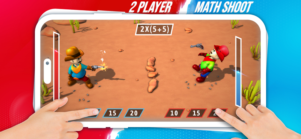 Two Player Games - Red Vs Blue - Two players playing a math shooting mini game with cowboys on a shared screen