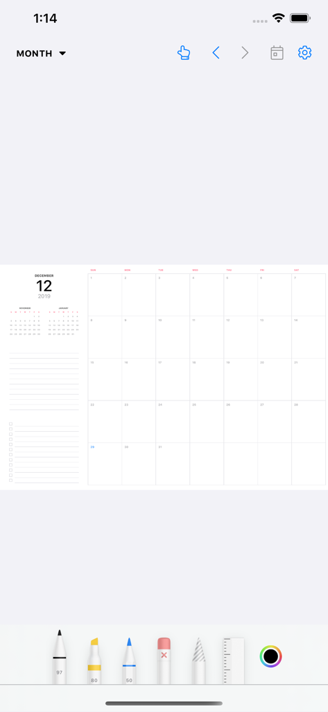 Monatskalenderansicht in der Pencil Planner App mit digitalen Zeichen- und Schreibwerkzeugen