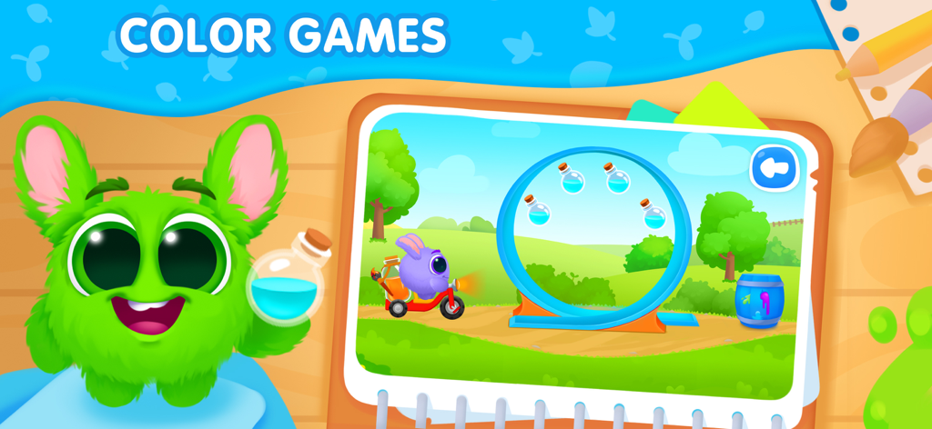 Colors learning Preschool game - Juego educativo de aprendizaje de colores para niños con el personaje verde Fluffy y mini-juegos interactivos.