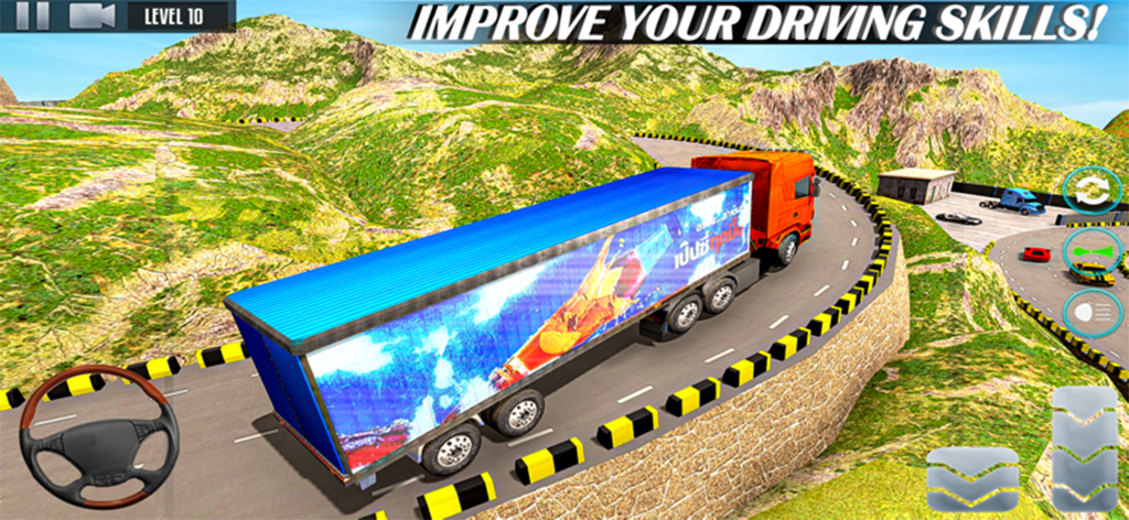 Truck Games – Truck Simulator - Un camión semirremolque naranja conduciendo por una sinuosa carretera de montaña en un juego de simulador de camiones.