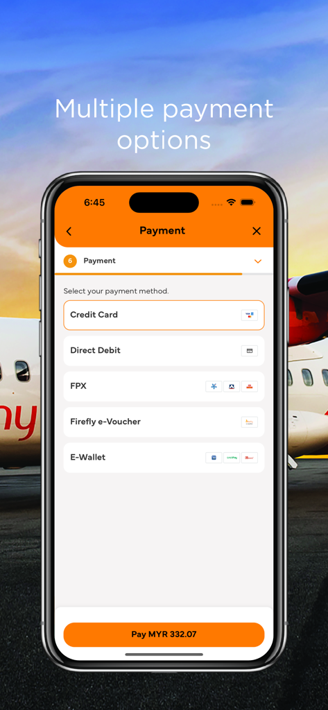 Firefly Airlines - Firefly Airlines mobile app payment screen showing multiple secure payment methods including credit cards and e-wallets