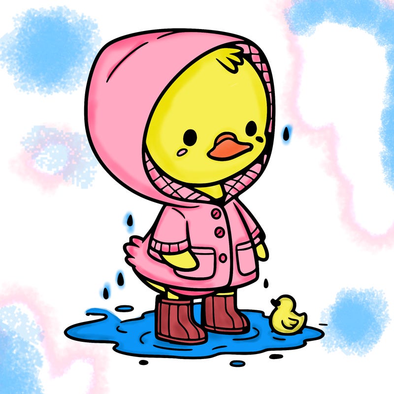 baby duck in a rain coat and boots, in a puddle while it’s raining