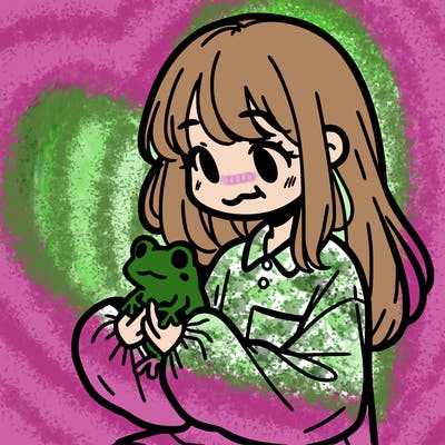 girl with long hair and a oversized shirt. and she is holding a frog