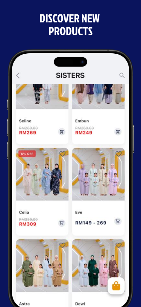 Bulan Bintang - Captura de pantalla de la aplicación móvil Bulan Bintang que muestra una colección de moda modesta contemporánea para mujeres y niños con precios y etiquetas de descuento.