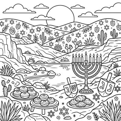 Journey to a unique desert oasis where Hanukkah celebrations come to life. This intricate coloring page beautifully blends traditional Jewish symbols with a serene arid landscape, offering a one-of-a-kind creative experience.