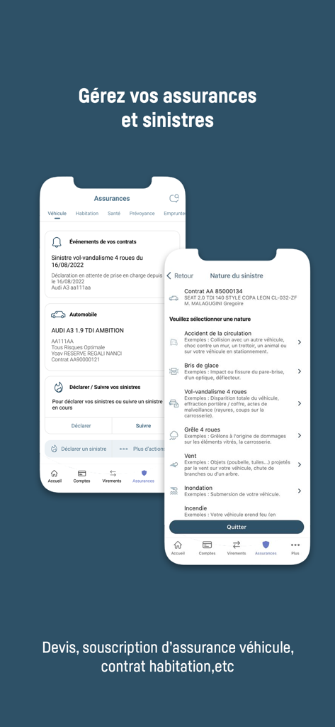 Banque Transatlantique mobile - Interface do aplicativo móvel Banque Transatlantique exibindo telas de gerenciamento de apólices de seguro e declaração de sinistros.
