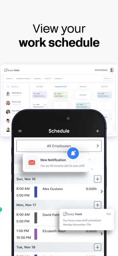 Buddy Punch - Buddy Punch app interface showing employee work schedules and shift notifications on mobile and desktop.